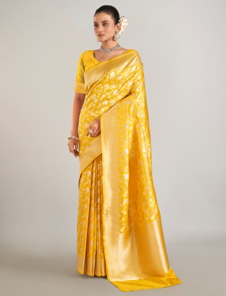 Mustard yellow banarasi silk saree for wedding