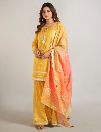 Newewst mustard yellow silk sharara suit for women