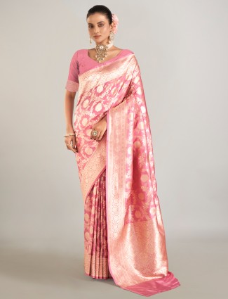 Onion pink banarasi silk saree for wedding
