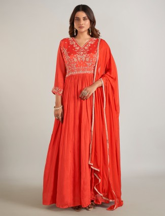 Orange georgette anarkali suit with dupatta