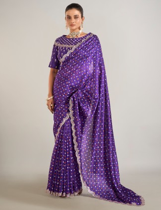 Purple crepe silk wedding wear saree