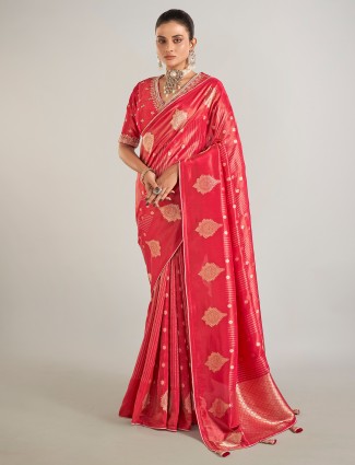 Red shimmer dola silk wedding wear saree