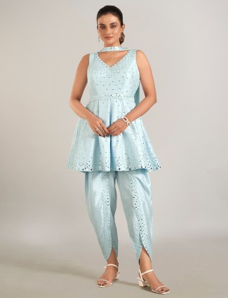 Sky blue raw silk salwar suit for festival