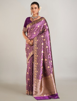 Trendy purple banarasi silk saree for wedding