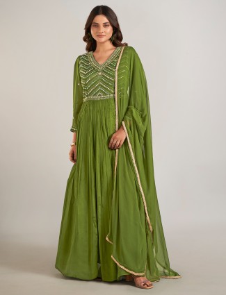 Green silk anarkali suit with dupatta