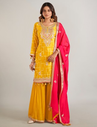 Mustard yellow silk sharara suit for women