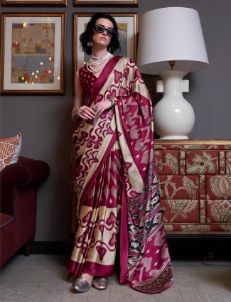 wine patola saree with printed