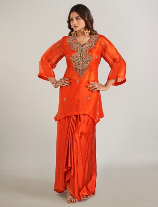 Orange satin silk indowestern suit