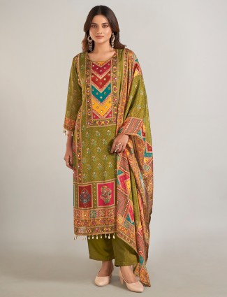 Pastel olive silk salwar suit with dupatta