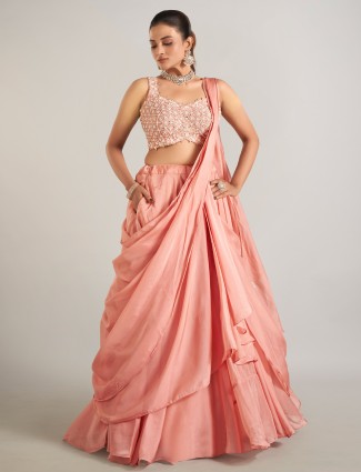 Peach silk lehenga choli with attetched dupatta
