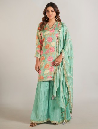 Pista green silk printed sharara suit for wedding