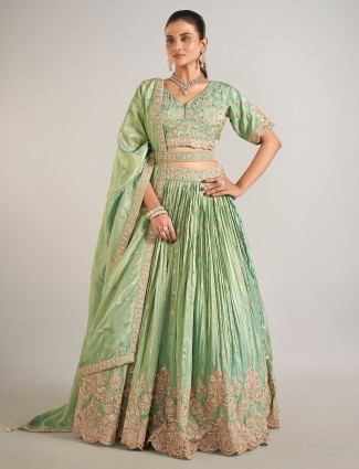 Pista green silk lehenga choli for wedding