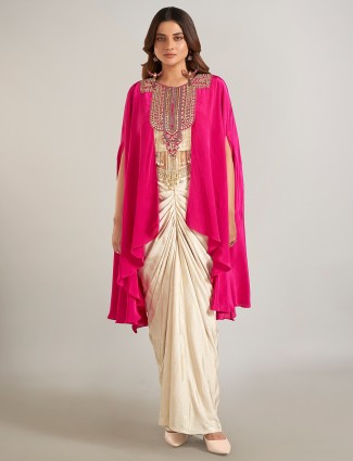 Rani color and beige satin silk indowestern suit