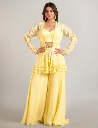 Yellow jacket style palazzo suit in soft georgette