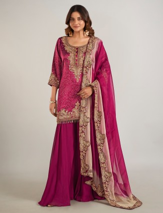 Purple silk printed pakistani palazzo suit