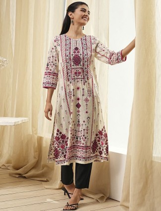 Beige and wine printed cotton silk kurti