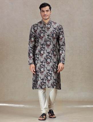 Black elegant sophisticated mens kurta set in tussar silk