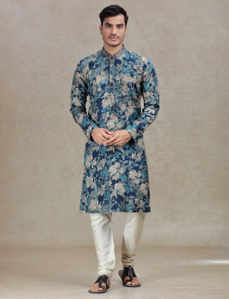 Blue regal elegance printed kurta suit in tussar silk