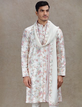 Cream sophisticated elegance printed kurta suit in tussar silk