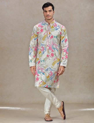 Standout sophistication with beige printed kurta set for men