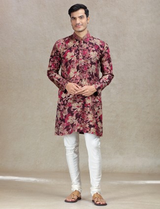 Wine elegant sophistication printed kurta set for men