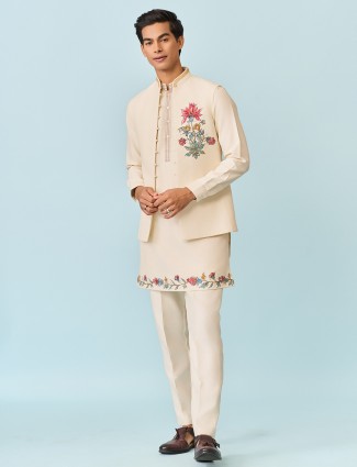 Beige lotus blossam hand printed mens waistcoat set