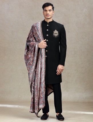 Elegant Black Sherwani with Pashmina Dupatta