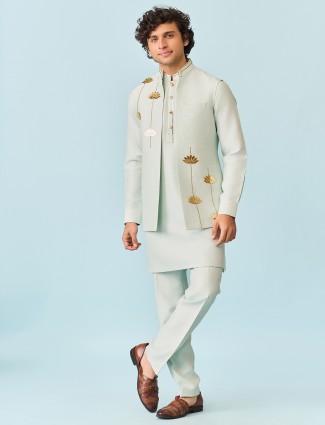 Light blue elegant lotus applique worked kurta jacket set