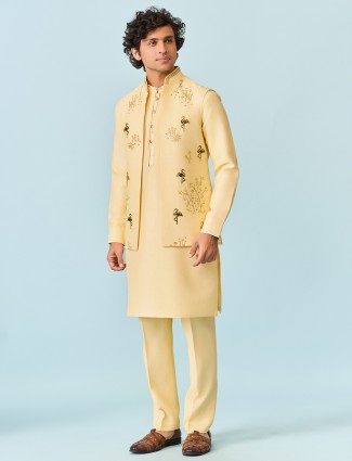 Light yellow flamingo applique foil worked waistcoat set
