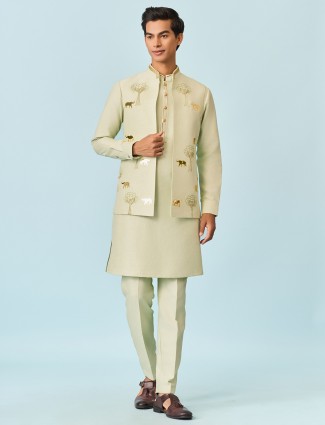 Mint green falmingo applique worked kurta jacket set