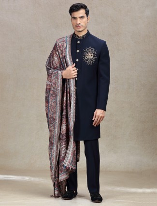 Navy Terry Rayon Sherwani with Intricate Peacock Patchwork Detailing