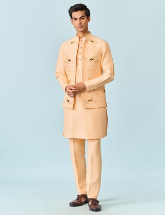 Peach oceanic cutadana work kurta jacket set