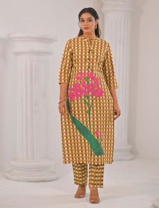 Brown Printed Cotton Silk Kurti Set for Women's