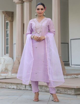 Lilac Purple Cotton Kurti Set with Dupatta
