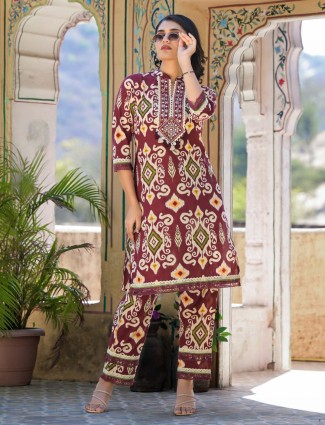Maroon cotton silk kurti set 