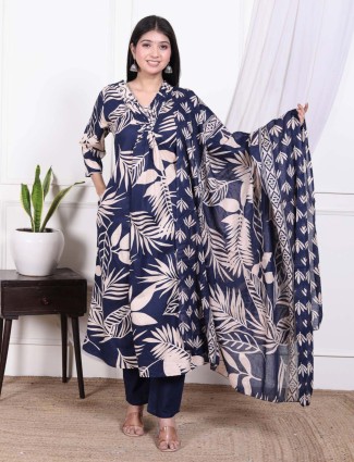 Navy Printed Silk Kurti Set for Women