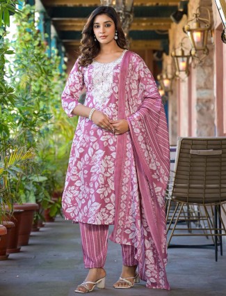 Onion Pink Printed Silk Kurti Set