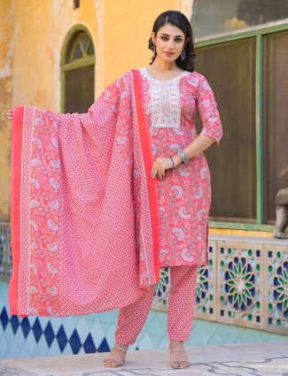 Peach Printed Silk Kurti Set for Women