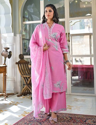 Pink Printed Cotton Palazzo Kurti Set for Women