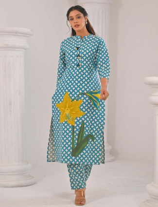 Printed blue cotton silk kurti set for Women