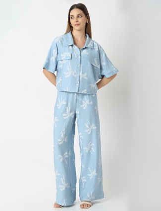Sky blue linen cotton printed co-ord set