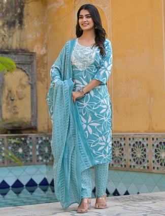 Sky Blue Silk Printed Kurti Set for Women