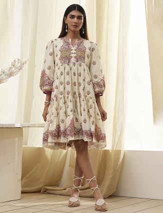 BIBA beige cotton printed kurti for casual