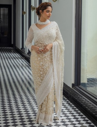 Beige wedding wear saree in soft net