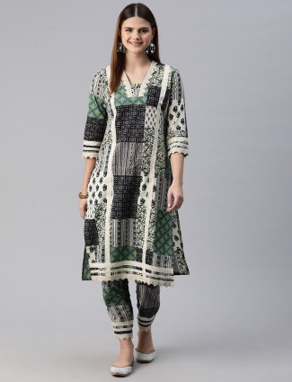 Women's Black and Green Printed Silk Kurti Set