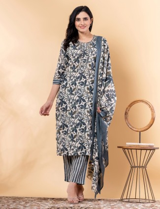 Blue printed festive women wear cotton silk kurti set