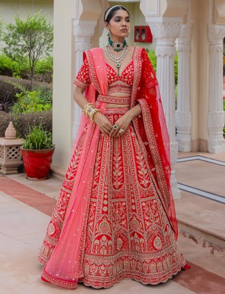 Bridal red silk lehenga choli with rich embellishment