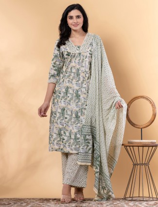 Grey and green cotton kurti set with dupatta for Women