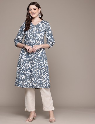Women's Grey Printed Kurti Set