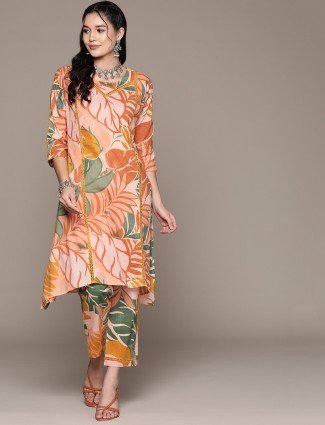 Peach cotton silk women kurti set